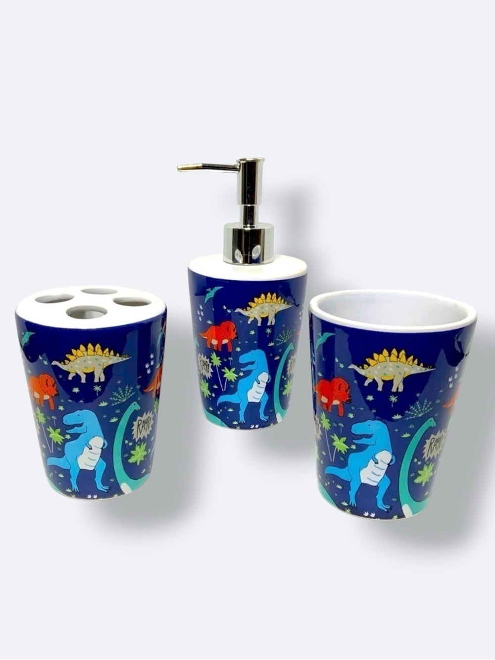 Dinosaur Bath Accessories Kids Colorful Ceramic by Matt & Maddie Blue 3 Pieces